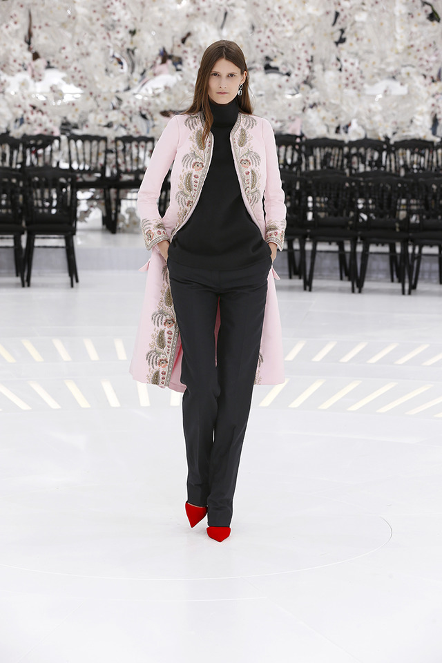 LOOK 36,EMBROIDERED PALE PINK SILK COAT WITH BLACK WOOL TOP AND BLACK WOOL PANTS.