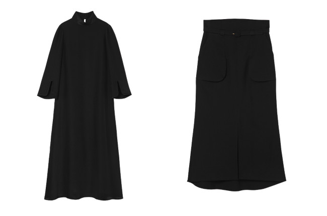 左：11 Basic Silk Open Back Dress（サイズ：1、2／ブラック) 10万4,500円 右：12 Basic Wool Belted Skirt（サイズ：1、2／ブラック) 8万2,500円