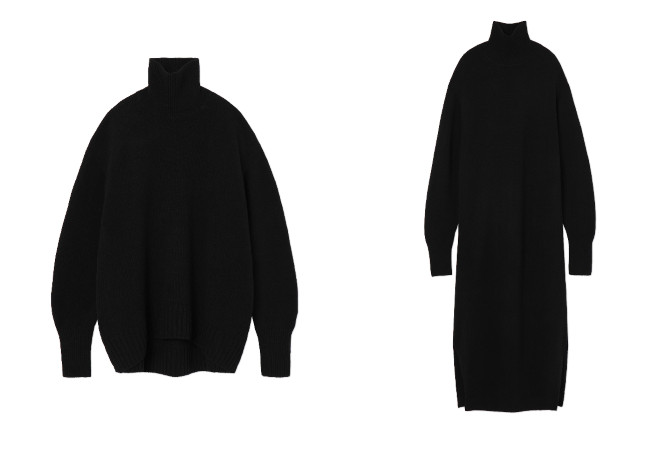 左：15 Basic Cashmere High Neck Knit Top （サイズ：1、2／ブラック） 13万9,700円 右：16 Basic Cashmere High Neck Knit Dress（サイズ：1、2／ブラック） 13万9,700円