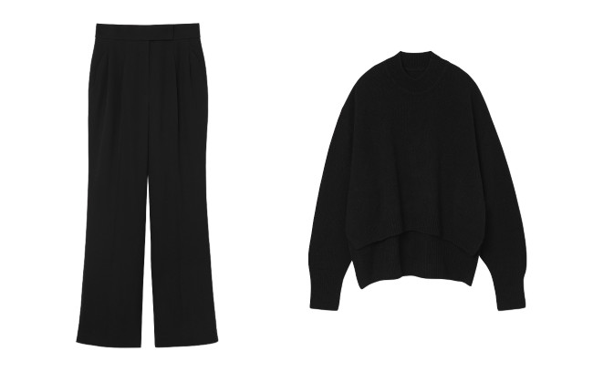 左：13 Basic Wool Pleated Trousers （サイズ：1、2／ブラック) 7万7,000円 右：14 Basic Cashmere Knit Top（サイズ：1、2／ブラック） 12万4,000円